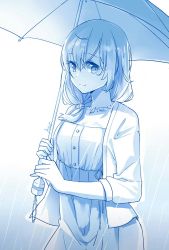 Rule 34 | 1girl, aer (tengqiu), blue theme, casual, dress, hair over shoulder, highres, light smile, looking at viewer, low ponytail, monochrome, rain, rodney (warship girls r), short hair, solo, umbrella, warship girls r