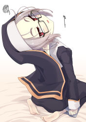 Rule 34 | 1girl, ass, barefoot, bed sheet, black-framed eyewear, black dress, commentary request, dress, from behind, glasses, grey hair, habit, head back, highres, long sleeves, looking at viewer, looking back, nun, ogami kazuki, original, parted bangs, parted lips, pointy ears, red eyes, seiza, simple background, sitting, sleeves past wrists, soles, solo, squiggle, translation request, white background