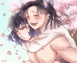 Rule 34 | 1boy, 1girl, black hair, blue hair, blue sky, blurry, blurry background, blush, butterfly hair ornament, carrying, cherry blossoms, collared shirt, commentary request, gradient hair, grin, hair ornament, hashibira inosuke, kanzaki aoi (kimetsu no yaiba), kimetsu no yaiba, long sleeves, medium hair, multicolored hair, open mouth, parted bangs, petals, piggyback, shirt, signature, sky, smile, teeth, topless male, twintails, upper body, violet viora, white shirt