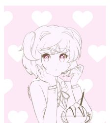 Rule 34 | 1girl, :t, blazer, bright pupils, chocomiru, closed mouth, collared shirt, commentary, doki doki literature club, english commentary, frown, hair intakes, hair ornament, hair ribbon, hands on own hips, jacket, looking at viewer, monochrome, natsuki (doki doki literature club), neck ribbon, pink eyes, pout, ribbon, school uniform, shirt, short hair, sketch, skirt, solo, sweater vest, two side up, unfinished
