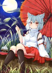 Rule 34 | 1girl, :&lt;, animal ear fluff, animal ears, bare shoulders, black legwear, blush, breasts, cloud, commentary request, crossed bangs, dango, detached sleeves, dutch angle, expressionless, feet out of frame, food, full moon, grass, hat, inubashiri momiji, looking at viewer, medium breasts, moon, night, oil-paper umbrella, orange eyes, pleated skirt, pom pom (clothes), red footwear, red hat, red skirt, ribbon-trimmed sleeves, ribbon trim, rururiaru, shirt, short hair, sitting, skirt, sky, sleeves past wrists, solo, star (sky), starry sky, tail, tokin hat, touhou, turtleneck, umbrella, wagashi, white hair, white shirt, wide sleeves, wolf ears, wolf tail