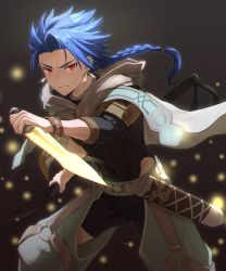 Rule 34 | 1boy, blue hair, braid, braided ponytail, cape, closed mouth, clothing request, commentary request, cowboy shot, cu chulainn (fate), dual wielding, earrings, fate/grand order, fate/grand order arcade, fate (series), highres, holding, holding weapon, hood, hood down, hooded cape, jewelry, light particles, long hair, looking at viewer, male focus, mondi hl, o-ring, ponytail, red eyes, setanta (fate), sheath, single braid, skin tight, solo, weapon