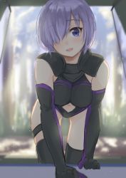 Rule 34 | 1girl, akame (akamiru), armor, bad id, bad pixiv id, bare shoulders, black thighhighs, blush, breasts, elbow gloves, fate/grand order, fate (series), gloves, hair over one eye, leaning forward, looking at viewer, mash kyrielight, open mouth, purple eyes, purple hair, short hair, smile, solo, thighhighs