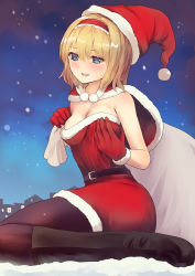 Rule 34 | 1girl, :d, alice margatroid, bag, black footwear, black pantyhose, blonde hair, blue eyes, blush, breasts, capelet, cleavage, culter, dress, fur-trimmed capelet, fur-trimmed dress, fur-trimmed gloves, fur-trimmed headwear, fur trim, gift bag, gloves, grabbing own breast, hair intakes, hairband, hat, highres, holding, holding bag, medium breasts, open mouth, panties, pantyhose, pantyshot, red capelet, red dress, red gloves, red hairband, red headwear, santa costume, santa gloves, santa hat, short dress, short hair, smile, solo, strapless, strapless dress, touhou, underwear