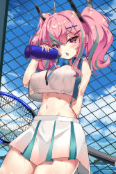 Rule 34 | 14c, 1girl, :o, absurdres, arm behind back, azur lane, bare shoulders, blue sky, blush, bottle, breasts, bremerton (azur lane), bremerton (scorching-hot training) (azur lane), chain-link fence, cleavage, cloud, collared shirt, commentary request, covered erect nipples, cowboy shot, crop top, crop top overhang, crossed bangs, day, fang, fence, green skirt, grey hair, groin, hair between eyes, hair intakes, hair ornament, hairclip, hand up, highres, holding, holding bottle, holding racket, large breasts, long hair, looking at viewer, midriff, multicolored hair, navel, pink eyes, pink hair, racket, saliva, saliva trail, see-through, shirt, sidelocks, skin fang, skirt, sky, sleeveless, sleeveless shirt, solo, sportswear, standing, streaked hair, sweat, tennis racket, tennis uniform, twintails, two-tone hair, two-tone shirt, two-tone skirt, underboob, water bottle, wet, wet clothes, wet shirt, white shirt, white skirt, x hair ornament
