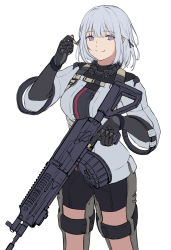 Rule 34 | 1girl, 3 small spiders, absurdres, black bodysuit, black gloves, black shorts, bodysuit, breasts, closed mouth, drum magazine, elbow gloves, feet out of frame, girls&#039; frontline, gloves, gun, hair ornament, hairclip, hand up, highres, holding, holding gun, holding weapon, light machine gun, looking at viewer, machine gun, magazine (weapon), medium breasts, medium hair, purple eyes, rpk, rpk-16, rpk-16 (girls&#039; frontline), shorts, silver hair, smile, solo, standing, tactical clothes, uniform, weapon, white background
