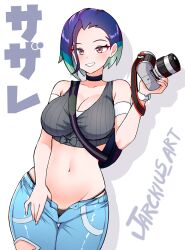 Rule 34 | 1girl, aqua hair, bare shoulders, black choker, black panties, blue hair, bob cut, breasts, camera, choker, cleavage, commentary request, cowboy shot, creatures (company), crop top, curvy, denim, game freak, grin, groin, highres, holding, holding camera, jarckius, jeans, large breasts, looking at viewer, midriff, multicolored hair, navel, nintendo, off-shoulder shirt, off shoulder, open fly, orange eyes, panties, pants, panty peek, panty straps, perrin (pokemon), pokemon, pokemon sv, shirt, short hair, short sleeves, smile, solo, standing, stomach, thighs, thong, underwear, white background, wide hips