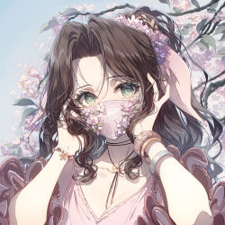 Rule 34 | 1girl, aerith gainsborough, black choker, blue sky, bracelet, breasts, brown hair, cherry blossoms, choker, cleavage, collarbone, commentary request, day, dress, final fantasy, final fantasy vii, flower, forehead, green eyes, hair flower, hair ornament, hands up, jewelry, kieta, leaf, long hair, long sleeves, looking at viewer, mask, medium breasts, mouth mask, outdoors, pink dress, ponytail, purple flower, sky, solo, tree, upper body