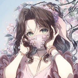 1girl aerith_gainsborough black_choker blue_sky bracelet breasts brown_hair cherry_blossoms choker cleavage collarbone commentary_request day dress final_fantasy final_fantasy_vii flower forehead green_eyes hair_flower hair_ornament hands_up jewelry kieta leaf long_hair long_sleeves looking_at_viewer mask medium_breasts mouth_mask outdoors pink_dress ponytail purple_flower sky solo tree upper_body