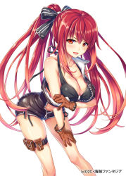 Rule 34 | 1girl, :d, bare shoulders, bikini, bikini under clothes, black bikini, blush, bra, breasts, brown eyes, brown hair, cleavage, company name, copyright name, gloves, gradient hair, hair ribbon, hand on own thigh, high collar, high ponytail, kaizoku fantasia, large breasts, leaning forward, leotard, long hair, multicolored hair, naughty face, official art, open mouth, otosume ruiko, panties, ponytail, pouch, red eyes, red hair, ribbon, shaberu! kaizoku fantasia, shirahama no kougyoku tobimaru, side-tie bikini bottom, side slit, sidelocks, simple background, smile, solo, standing, strap pull, swimsuit, swimsuit under clothes, thigh pouch, thigh strap, underwear, undressing, unzipped, very long hair, white background, zipper