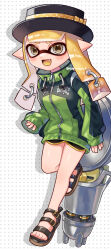 Rule 34 | 1girl, belt, bike shorts, black hat, black jacket, blonde hair, brown footwear, fang, green jacket, hat, highres, inkling, inkling girl, inkling player character, jacket, long hair, multicolored clothes, multicolored jacket, nautilus (splatoon), nintendo, open mouth, pointy ears, sandals, shina shina, simple background, sleeves past wrists, smile, solo, splatoon (series), standing, standing on one leg, two-tone jacket, white background, yellow eyes, zipper