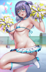 Rule 34 | 1girl, aqua eyes, blush, boots, breasts, cheerleader, fence, groin, hair bobbles, hair ornament, heavy breathing, highres, large breasts, light purple hair, looking at viewer, medium hair, micro bra, microskirt, navel, open mouth, original, pom pom (cheerleading), saigado, side ponytail, skirt, smile, solo, standing, standing on one leg, sweat, translation request, twitter username