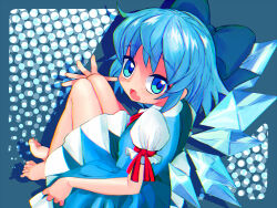 Rule 34 | 1girl, aqua eyes, bare legs, barefoot, blue bow, blue dress, blue eyes, blue hair, blue pupils, blue wings, bow, chromatic aberration, cirno, crossed bangs, detached wings, dress, drop shadow, fairy, fang, hair bow, highres, ice, ice wings, light blue hair, looking at viewer, multicolored eyes, neck ribbon, open mouth, pinafore dress, puffy short sleeves, puffy sleeves, red ribbon, ribbon, shirt, short hair, short sleeves, sitting, skin fang, sleeve ribbon, sleeveless, sleeveless dress, solo, toenails, touhou, tsukiyono aroe, two-tone dress, white dress, white shirt, wings