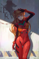 Rule 34 | 10s, 1girl, arm up, artist request, bad id, bad pixiv id, blue eyes, bodysuit, bracer, breasts, breasts apart, cowboy shot, curvy, diagonal stripes, diana wangfei, english text, evangelion: 3.0 you can (not) redo, gloves, hair ornament, headgear, hip focus, impossible bodysuit, impossible clothes, legs together, logo, long hair, looking at viewer, medium breasts, narrow waist, neon genesis evangelion, nerv, orange hair, parted lips, pilot suit, plugsuit, rebuild of evangelion, salute, shade, skin tight, smile, solo, souryuu asuka langley, standing, striped, tape, thigh gap, twintails, two side up, very long hair, wide hips