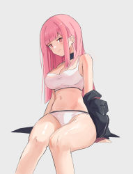 Rule 34 | 1girl, absurdres, arm support, blunt bangs, bra, breasts, cleavage, closed mouth, highres, hololive, hololive english, large breasts, long hair, looking at viewer, mori calliope, navel, panties, pink eyes, pink hair, sitting, skykappa, solo, underwear, virtual youtuber, white bra, white panties