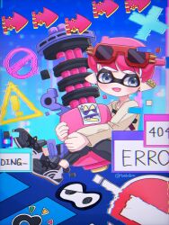 Rule 34 | 1boy, amiibo, arrow (symbol), black footwear, black pants, blue background, chromatic aberration, commentary request, cross-laced footwear, eyewear on head, full body, glitch, grey eyes, gun, heavy splatling (splatoon), highres, holding, holding gun, holding weapon, inkling, inkling boy, inkling player character, nintendo, open mouth, pants, pink hair, pointy ears, red-framed eyewear, road sign, shirt, shoes, short hair, sign, sitting, sleeves past wrists, smile, solo, splatoon (series), sticker, stop sign, sunglasses, tentacle hair, tonbofree, warning sign, weapon, white shirt