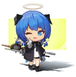 Rule 34 | 1girl, ;d, arknights, black footwear, black jacket, black shorts, blue hair, boots, chibi, demon horns, detached wings, energy wings, fur-trimmed jacket, fur trim, gloves, halo, hand up, horns, index finger raised, jacket, long hair, mostima (arknights), one eye closed, open clothes, open jacket, open mouth, shadow, shirt, short shorts, shorts, simple background, smile, solo, staff, standing, udon wudong, weapon, weapon on back, white gloves, white shirt, wings
