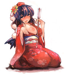 Rule 34 | 1girl, arrow (projectile), black eyes, black hair, blush, breasts, fuurisuto, hamaya, hat, highres, japanese clothes, kimono, large breasts, looking at viewer, nipples, one breast out, saliva, shameimaru aya, sitting, smile, solo, tongue, tongue out, touhou, wings