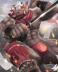 Rule 34 | 1boy, abs, absurdres, bara, blurry, blurry background, brown fur, bulge, cloud, cloudy sky, dawn, fundoshi, furry, furry female, furry male, gauntlets, gluteal fold, headband, highres, holding, holding sword, holding weapon, japanese clothes, katana, large pectorals, leg armor, looking at viewer, male focus, male underwear, manly, mature male, miazuma shouki, muscular, muscular male, navel, ninja, nipples, outdoors, pectorals, scabbard, scar, scroll, sheath, sky, solo, spiked hair, sun, sunlight, sweat, sweatdrop, sword, tadatomo (housamo), thick arms, thick thighs, thighs, tokyo houkago summoners, underwear, weapon, white hair