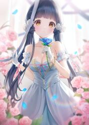 Rule 34 | 1girl, absurdres, bare shoulders, blue choker, blue dress, blue flower, blue hair, blue rose, blurry, blurry background, blush, breasts, brown eyes, chain, choker, cleavage, collarbone, cosmetics, curtains, dot nose, dress, falling petals, flower, hair flower, hair ornament, heart bracelet, highres, holding, holding flower, holding lipstick tube, idolmaster, idolmaster million live!, idolmaster million live! theater days, kitakami reika, lipstick tube, long hair, looking at viewer, low twintails, medium breasts, open mouth, parted lips, petals, pink flower, pink ribbon, pink rose, rainbow gradient, ribbon, rose, scrunchie, solo, standing, sunlight, twintails, very long hair, window, yurancoco