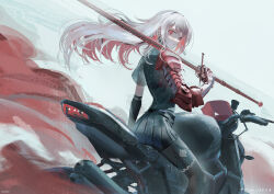 Rule 34 | 1girl, armor, artist name, black gloves, black pantyhose, black shirt, black skirt, closed mouth, colored skin, dress, earrings, floating hair, from side, gloves, greaves, grey hair, highres, holding, holding sword, holding weapon, jewelry, long hair, looking at viewer, miniskirt, mole, mole under eye, motor vehicle, motorcycle, multicolored hair, on motorcycle, on vehicle, original, pantyhose, pink hair, pleated skirt, red eyes, shirt, short sleeves, shoulder pads, sitting, skirt, solo, swav, sword, two-tone hair, very long hair, weapon, white hair, white skin, wind