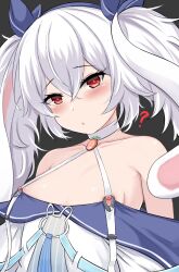 Rule 34 | 1girl, :o, ?, absurdres, armpit crease, azur lane, bare shoulders, black background, blush, breasts, chinese commentary, choker, collarbone, commentary request, crossed bangs, hair between eyes, halterneck, highres, laffey (azur lane), laffey ii (azur lane), nipples, open mouth, red eyes, simple background, small breasts, solo, spoken question mark, twintails, upper body, white choker, white hair, wuwusan