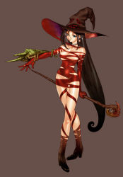 Rule 34 | 1girl, belly chain, black hair, blue eyes, breasts, chameleon, choker, dress, hat, hayami yuujirou, jewelry, lizard, long hair, ribbon, short dress, solo, staff, very long hair, witch, witch hat