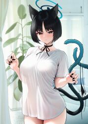 Rule 34 | 1girl, animal ears, black eyes, black hair, blue archive, breasts, cat ears, cat tail, choker, eyeliner, halo, highres, kikyou (blue archive), large breasts, looking at viewer, makeup, multiple tails, parted bangs, shirt, short hair, short sleeves, solar (happymonk), solo, tail, two tails, white shirt