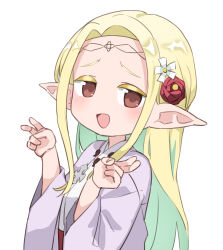 Rule 34 | 1girl, absurdres, alternate hair color, blonde hair, brown eyes, double v, edomae elf, eldali ilma fanomenel, elf, flower, gazacy (dai), hair flower, hair ornament, highres, japanese clothes, light green hair, long hair, long pointy ears, looking at viewer, miko, nervous smile, open mouth, pointy ears, simple background, smile, v, wide sleeves