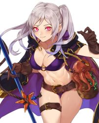 Rule 34 | 1girl, belt, belt buckle, bikini, braid, breasts, buckle, cleavage, closed mouth, coat, fire emblem, fire emblem awakening, fire emblem heroes, gloves, glowing, glowing eyes, grima (fire emblem), highres, holding, holding weapon, kamu (kamuuei), long hair, looking at viewer, medium breasts, nintendo, o-ring, o-ring bikini, o-ring top, octopus, red eyes, robin (female) (fire emblem), robin (fire emblem), rope, seaweed, silver hair, simple background, smile, solo, starfish, swimsuit, thigh strap, twintails, weapon, white background