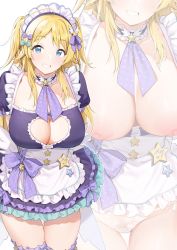 Rule 34 | 1girl, :d, alternate costume, angel wings, aqua eyes, arms behind back, ascot, blonde hair, breasts, choker, cleavage, cleavage cutout, clothing cutout, djheycha, dress, enmaided, frilled choker, frilled panties, frilled thighhighs, frills, grin, hachimiya meguru, highres, idolmaster, idolmaster shiny colors, large breasts, looking at viewer, maid, maid headdress, multiple views, nipples, open mouth, panties, puffy short sleeves, puffy sleeves, purple ascot, purple dress, short sleeves, simple background, smile, thigh gap, thighhighs, two side up, underwear, white background, white panties, wings, zoom layer
