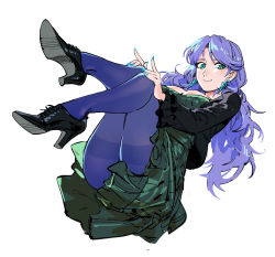 Rule 34 | 1girl, black footwear, black jacket, blue eyes, blue nails, breasts, closed mouth, copyright request, dress, earrings, fingernails, green dress, high heels, highres, jacket, jewelry, large breasts, long hair, looking at viewer, nail polish, open clothes, open jacket, pantyhose, purple hair, purple pantyhose, ruukii drift, simple background, smile, solo, stud earrings, thighband pantyhose, white background
