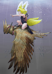 Rule 34 | 1girl, absurdres, animal, animal ears, bird, bird wings, blonde hair, bubble, child, collar, doitsuken, flat chest, flippers, fox ears, fox girl, fox tail, from side, highres, multiple tails, original, oversized animal, owl, oxygen tank, pointing, pointing forward, rebreather, reins, riding, swimsuit, tail, two tails, underwater, wings, yellow eyes