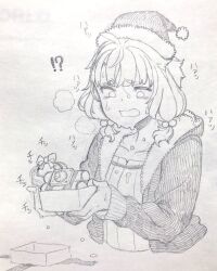 Rule 34 | !?, 1girl, ahoge, bomb, breath, christmas present, commentary, cropped torso, dress, explosive, frown, fur-trimmed hoodie, fur trim, furrowed brow, gift, graphite (medium), greyscale, hair bobbles, hair ornament, hat, heavy breathing, highres, holding, holding bomb, hood, hood down, hoodie, long sleeves, looking at object, low-tied sidelocks, monochrome, nervous sweating, open clothes, open hoodie, open mouth, ribbed dress, santa hat, short hair, sidelocks, simple background, solo, sweat, time bomb, toriniku29, traditional media, upper body, vocaloid, voiceroid, wavy mouth, yuzuki yukari
