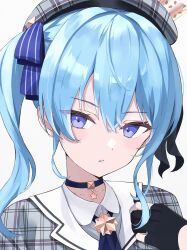 Rule 34 | 1girl, absurdres, ascot, beret, black gloves, blue ascot, blue eyes, blue hair, choker, close-up, collared shirt, commentary, dot nose, gloves, grey hat, grey shirt, hair between eyes, hat, highres, hololive, hoshimachi suisei, hoshimachi suisei (1st costume), light blue hair, looking at viewer, norio (noriosub), parted lips, partially fingerless gloves, plaid, plaid headwear, plaid shirt, profile, shirt, side ponytail, simple background, solo, star (symbol), star choker, star in eye, symbol in eye, virtual youtuber, white background