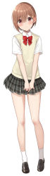 Rule 34 | 1girl, absurdres, azuki yui, black footwear, blush, bow, bowtie, brown eyes, brown hair, brown skirt, brown vest, closed mouth, collared shirt, commentary request, full body, grey background, hair between eyes, hair ornament, hairclip, highres, loafers, looking at viewer, original, plaid, plaid skirt, pleated skirt, red bow, school uniform, shirt, shoes, short sleeves, simple background, skirt, solo, standing, v arms, vest, white background, white legwear, white shirt