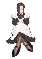 Rule 34 | 1girl, apron, black eyes, black hair, brown socks, crossed legs, expressionless, hair over one eye, hat, highres, looking at viewer, maid, maid apron, martha (throtem), mary janes, mob cap, original, red nails, shoes, simple background, sitting, socks, solo, throtem, white background