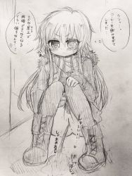 Rule 34 | 1girl, angry, blush, boots, hand on own knee, idolmaster, idolmaster cinderella girls, jacket, long hair, long sleeves, looking at viewer, low twintails, monochrome, ninomiya asuka, ottosei, peeing, puddle, pussy, rooftop, scarf, sketch, skirt, squatting, sweat, thighhighs, thinking, twintails, uncensored
