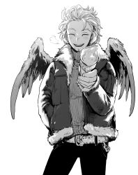 Rule 34 | 1boy, belt, boku no hero academia, closed eyes, facial hair, food, fur trim, hands in pockets, hawks (boku no hero academia), highres, ice cream, jacket, long sleeves, offering food, open mouth, pants, religious offering, short hair, sleeves past elbows, smile, solo, stubble, sweater, teeth, white background, wings, yokoyari mengo