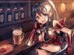 Rule 34 | 1girl, :d, ahoge, alcohol, armor, bar (place), bare shoulders, beer, beer mug, black hair, black shirt, black shorts, blue eyes, blurry, breastplate, breasts, cheek rest, cleavage, cleavage cutout, clothing cutout, crop top, cup, depth of field, gauntlets, gold trim, knight, large breasts, long hair, looking at viewer, midriff, mug, natsuki iori, navel, open mouth, original, ponytail, raised eyebrow, shirt, short shorts, shorts, shoulder armor, sidelocks, sitting, sleeveless, sleeveless shirt, smile, solo, pauldrons, stomach