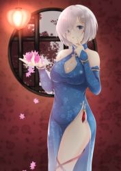Rule 34 | 10s, 1girl, alternate costume, bare shoulders, blue dress, blue eyes, breasts, china dress, chinese clothes, collarbone, covered navel, cowboy shot, detached sleeves, dress, enatsu, eyes visible through hair, floral print, flower, hair ornament, hair over one eye, hairclip, halterneck, hamakaze (kancolle), highres, kantai collection, large breasts, looking at viewer, open mouth, side slit, silver hair, solo