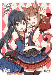 Rule 34 | 2girls, ;d, animal ear fluff, animal ears, argyle, argyle background, argyle clothes, arm up, armpits, black hair, blue bow, blue eyes, blue skirt, blue sleeves, blush, bow, breasts, brown eyes, brown hair, cat ears, cat girl, cat tail, claw pose, commentary request, dated, detached sleeves, fang, fingernails, hair bow, hand up, happy birthday, high ponytail, juliet sleeves, kanaya neko, layered skirt, long sleeves, looking at viewer, multiple girls, one eye closed, open mouth, pleated skirt, ponytail, puffy short sleeves, puffy sleeves, ragho no erika, red bow, red skirt, red sleeves, shirt, short sleeves, skirt, sleeveless, sleeveless shirt, small breasts, smile, sparkle, striped bow, striped clothes, striped skirt, sukurizo!, tail, tail raised, tsubakiyama sou, vertical-striped clothes, vertical-striped skirt, white shirt