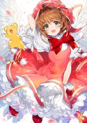 Rule 34 | 1girl, :d, arm up, blurry, blurry background, blush, bow, brown hair, cardcaptor sakura, commentary request, creature, depth of field, dress, feathered wings, gloves, green eyes, hair between eyes, hat, head tilt, highres, kero (cardcaptor sakura), kinomoto sakura, looking at viewer, mika pikazo, open mouth, petals, pink dress, puffy short sleeves, puffy sleeves, red bow, red footwear, red headwear, shirt, shoes, short sleeves, sleeveless, sleeveless dress, smile, white background, white gloves, white shirt, white wings, wings