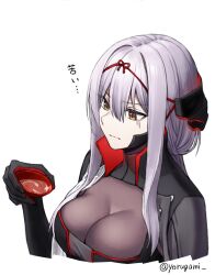 Rule 34 | 1girl, alcohol, armored bodysuit, black bodysuit, bodysuit, breasts, cup, frown, goddess of victory: nikke, grey bodysuit, grey hair, halo, headgear, highres, holding, holding cup, large breasts, long hair, official alternate costume, red eyes, sake, scarlet (black shadow) (nikke), scarlet (nikke), see-through, simple background, solo, twitter username, white background, yorugami rei