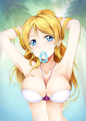 Rule 34 | 10s, 1girl, armpits, arms up, ayase eli, bikini, blonde hair, blush, breasts, hair down, large breasts, looking at viewer, love live!, love live! school idol festival, love live! school idol project, mouth hold, o-ring, o-ring top, qiuzhi huiyi, scrunchie, solo, swimsuit, upper body, white bikini