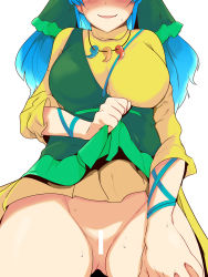 Rule 34 | 1girl, bar censor, blouse, blue hair, bottomless, bow, breasts, censored, female pubic hair, green headwear, hair scarf, haniyasushin keiki, head out of frame, hekiga (freelot), highres, large breasts, lifting own clothes, long hair, magatama, magatama necklace, necklace, no panties, open mouth, pubic hair, shirt, simple background, sitting, smile, solo, sweat, touhou, white background, yellow shirt