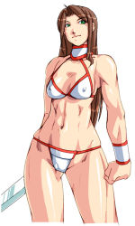 Rule 34 | 1girl, arm behind back, bikini, breasts, brown hair, covered erect nipples, cowboy shot, expressionless, golden axe, green eyes, groin, halterneck, highleg, highleg bikini, highleg swimsuit, hip focus, holding, holding weapon, large breasts, long hair, looking to the side, navel, nipples, qkat (arikawa-dou), sega, sideboob, simple background, solo, standing, string bikini, swimsuit, sword, toned, tyris flare, very long hair, weapon, white background, white bikini, wide hips, wristband