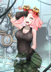 Rule 34 | 1girl, :o, absurdres, black gloves, black shirt, boku no hero academia, breasts, brown eyes, cleavage, dreamkite, gloves, goggles, goggles on head, hatsume mei, highres, holding, holding wrench, indoors, looking at viewer, medium breasts, medium hair, pink hair, shirt, sleeveless, solo, standing, symbol-shaped pupils, wrench