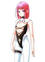 Rule 34 | 1girl, black leotard, breasts, bridal garter, check copyright, copyright request, cross print, detached collar, expressionless, frilled leotard, frills, highleg, highleg leotard, leotard, looking at viewer, mutsumura ryuuichi, original, pantyhose, pink eyes, pink hair, revealing clothes, short hair, simple background, small breasts, solo, white background, white pantyhose
