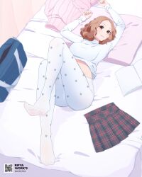 Rule 34 | 1girl, absurdres, arms up, breasts, brown eyes, brown hair, curly hair, highres, looking at viewer, lying, medium breasts, midriff, okumura haru, on back, on bed, pantyhose, persona, persona 5, pillow, plaid, plaid skirt, pleated skirt, rifyaa, short hair, skirt, smile, solo, turtleneck, white pantyhose